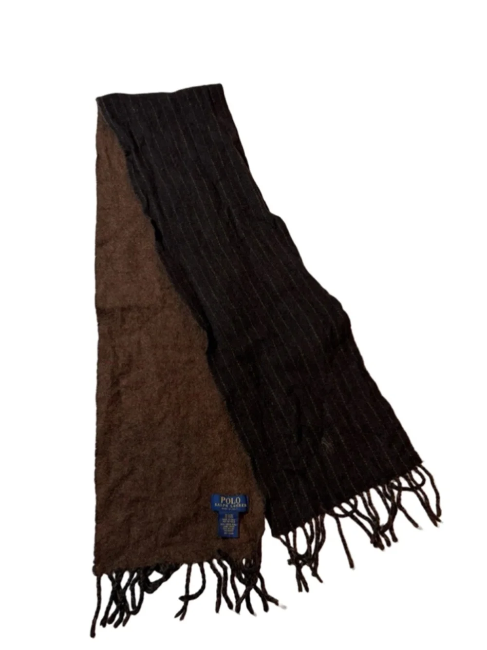 Polo Ralph Lauren Wool Scarf Reversible Brown Dark Brown Fringe Italy Classic